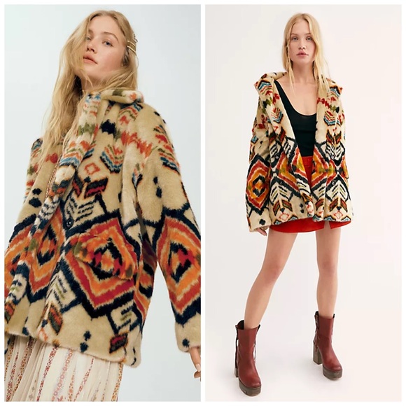 Free People Carmella Faux Fake Fur Coat Aztec Western Print Medium - Picture 1 of 8